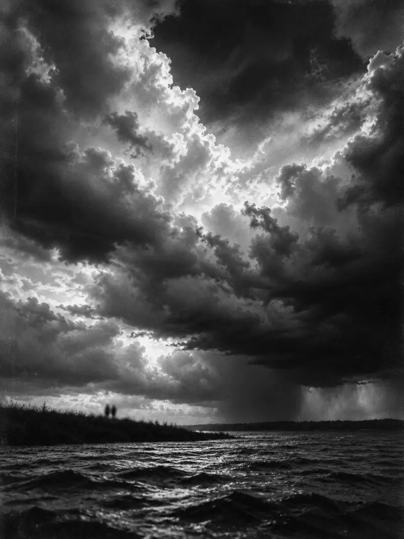 Duas silhuetas na margem, sob um céu de tempestade