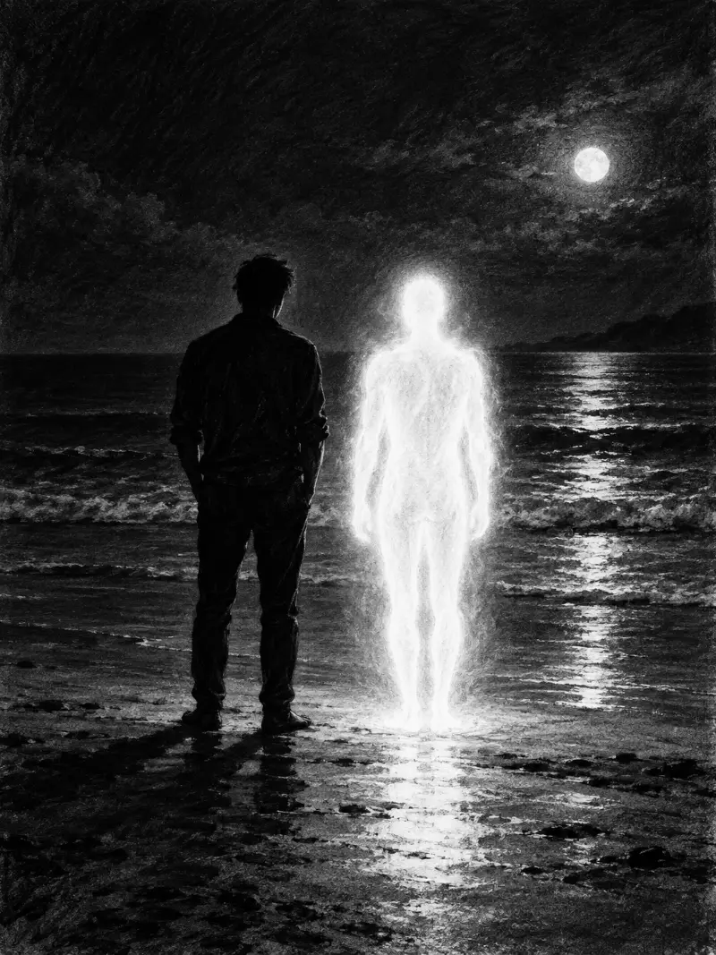 Um homem escuro ao lado de uma figura de luz na praia, à noite